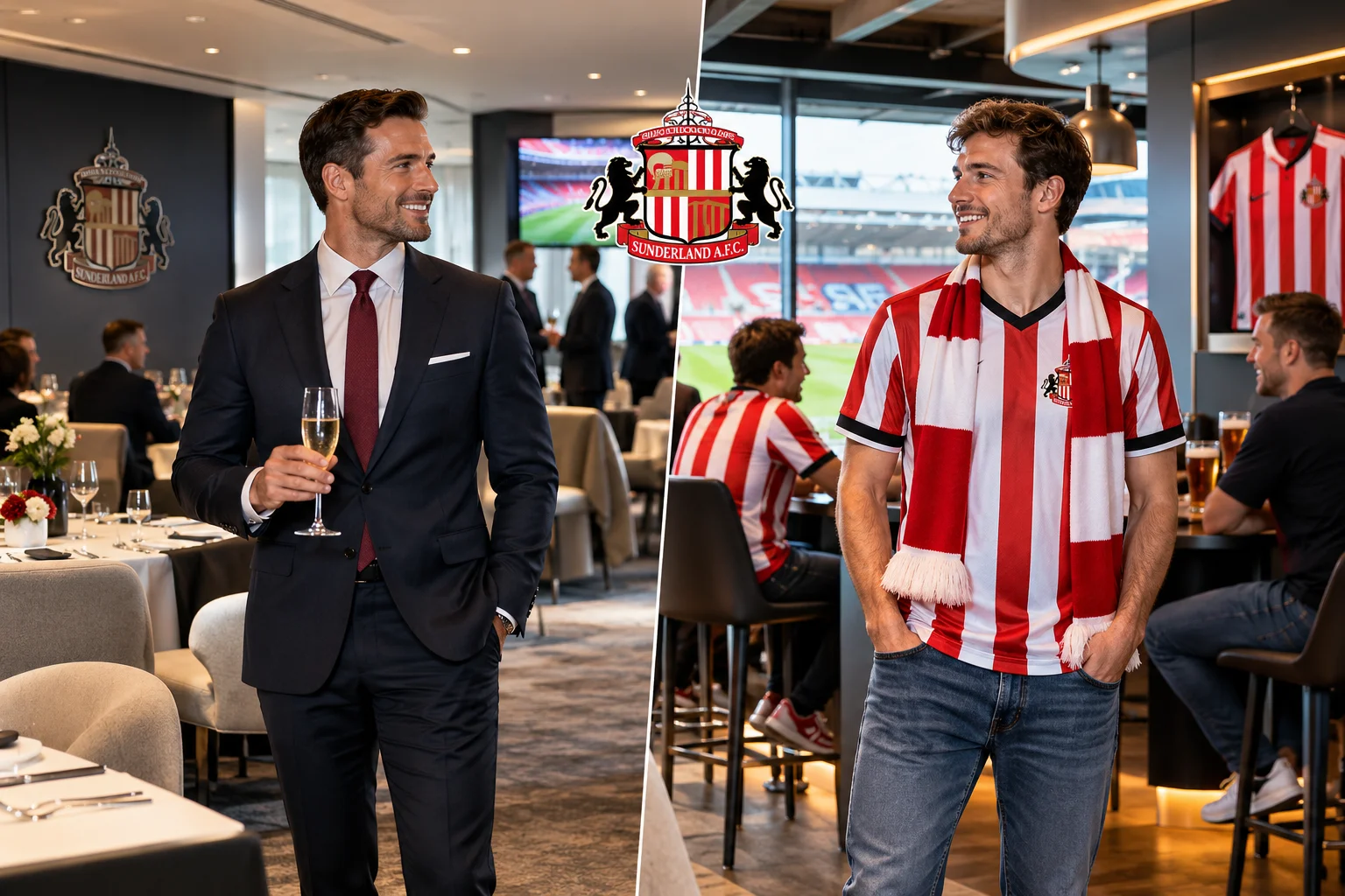 Side-by-side comparison of Sunderland AFC matchday dress codes, showing formal attire with a suit and champagne on the left versus smart casual attire with a club jersey and scarf on the right.