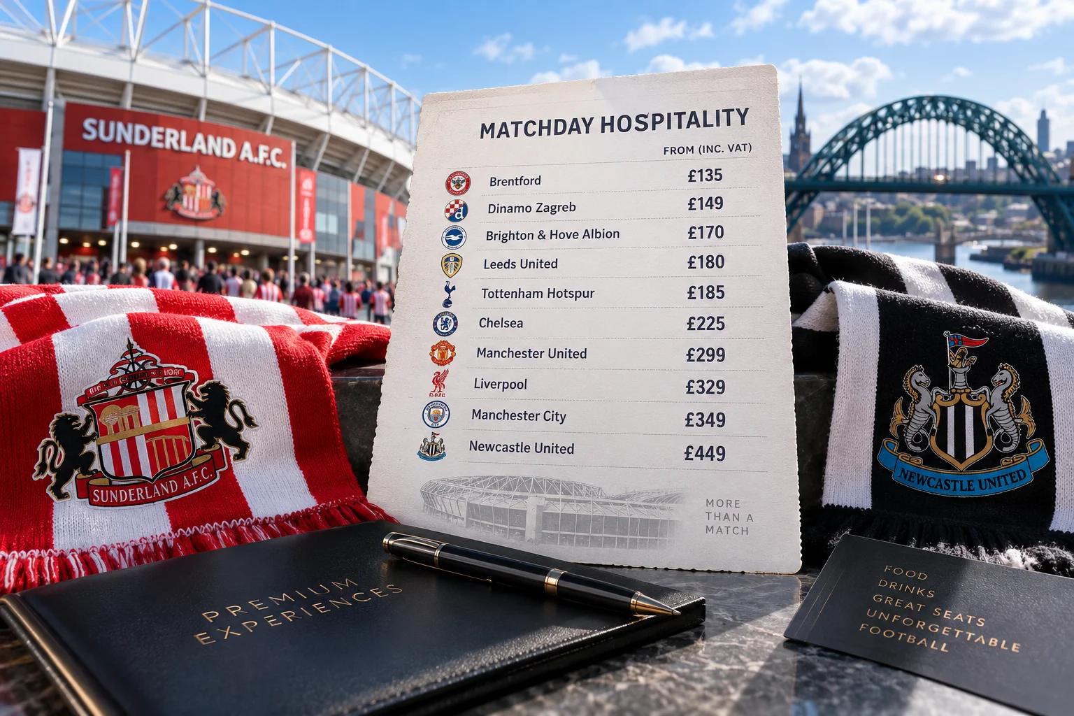 Sunderland AFC matchday hospitality price list printed on a card flanked by team scarves, featuring opponent pricing starting from £135 for Brentford up to £449 for Newcastle United.