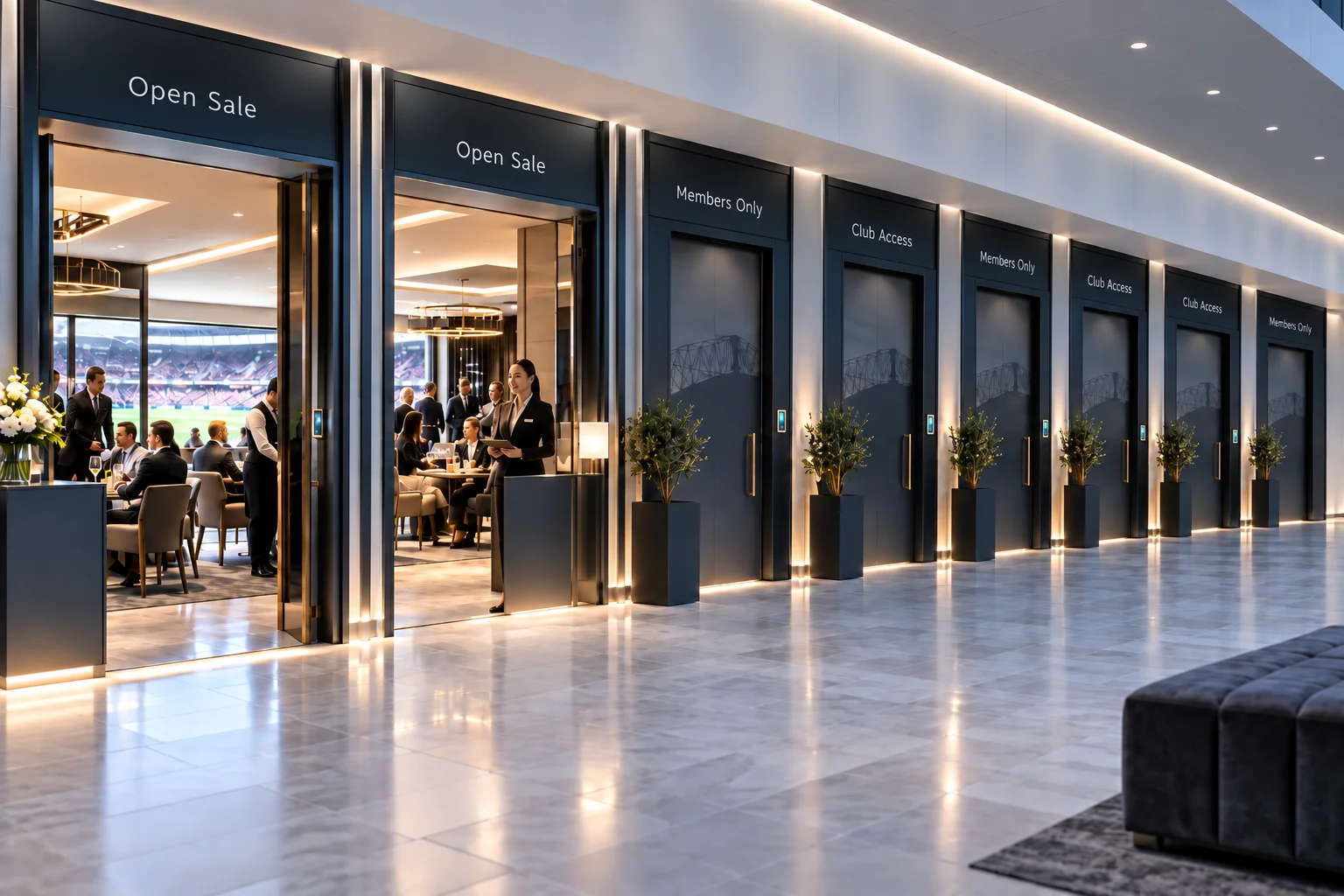 Modern stadium concourse hallway showing luxury hospitality suit entrances with illuminated doorways labeled Open Sale, Members Only, and Club Access.