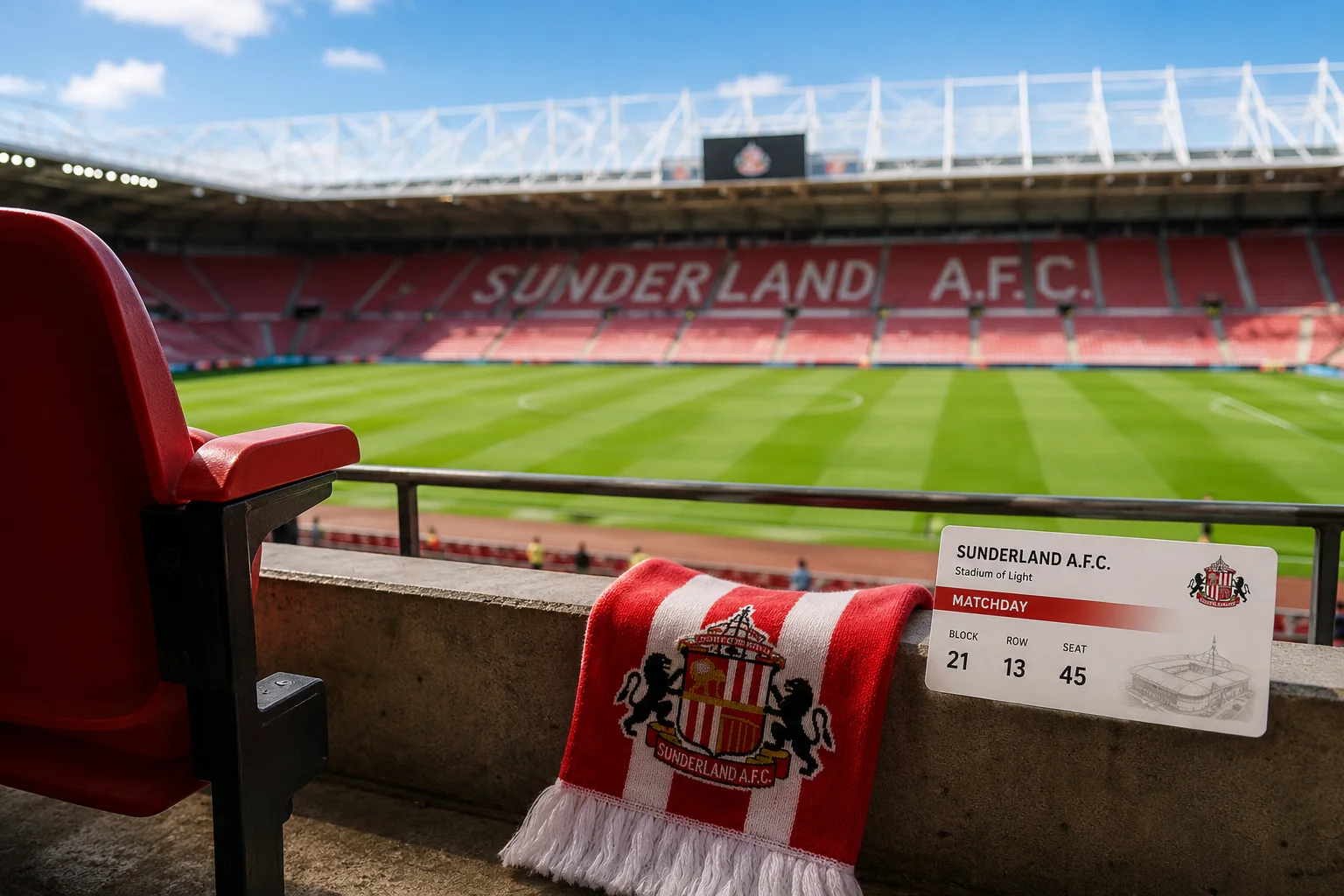 Sunderland match ticket and scarf overlooking the pitch inside the Stadium of Light.