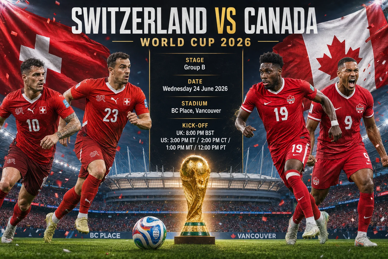 شاشة رسم بياني لمباراة كأس العالم 2026 لمرحلة المجموعات بين "سويسرا ضد كندا." الجانب الأيسر يظهر لاعبًا سويسريًا في قميص أحمر ضد خلفية حمراء تتناسب مع شعار الاتحاد السويسري لكرة القدم. الجانب الأيمن يظهر لاعب كندي يحتفل في قميص أحمر وأبيض ضد خلفية رمادية داكنة تحمل شعار اتحاد كرة القدم الكندي. كأس العالم الذهبية موجودة في المركز فوق نص المكان: "15 يونيو | فانكوفر، كندا."