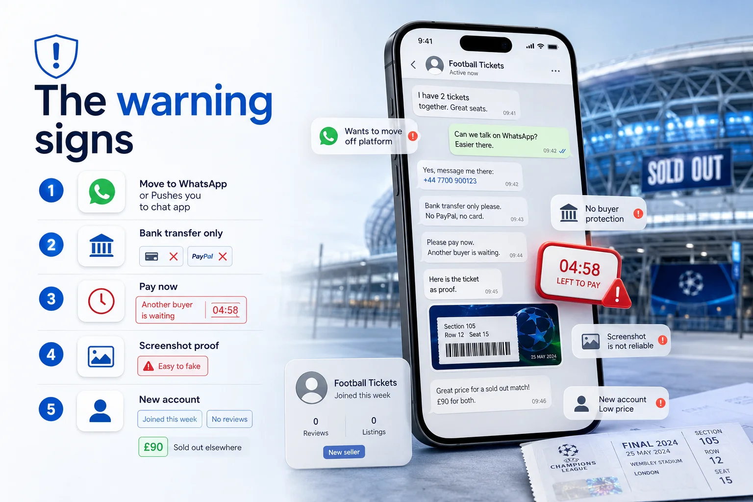 An educational infographic titled "The Warning Signs: how to spot a ticket scammer" features a stylized graphic of a glowing smartphone lock icon on the left. The right side lists four common red flags that indicate a fraudulent ticket seller. First, "Unrealistic Prices" warns consumers to be wary of tickets listed well below market value or deals that seem too good to be true. Second, "High-Pressure Tactics" notes that scammers often create false urgency, forcing buyers to make immediate decisions. Third, "Vague Seat Details" highlights that missing block, row, or seat numbers are a major sign of a fake ticket. Fourth, "Shady Payment Methods" advises against sellers who demand payments via bank transfers, cryptocurrency, or gift cards rather than protected platforms.