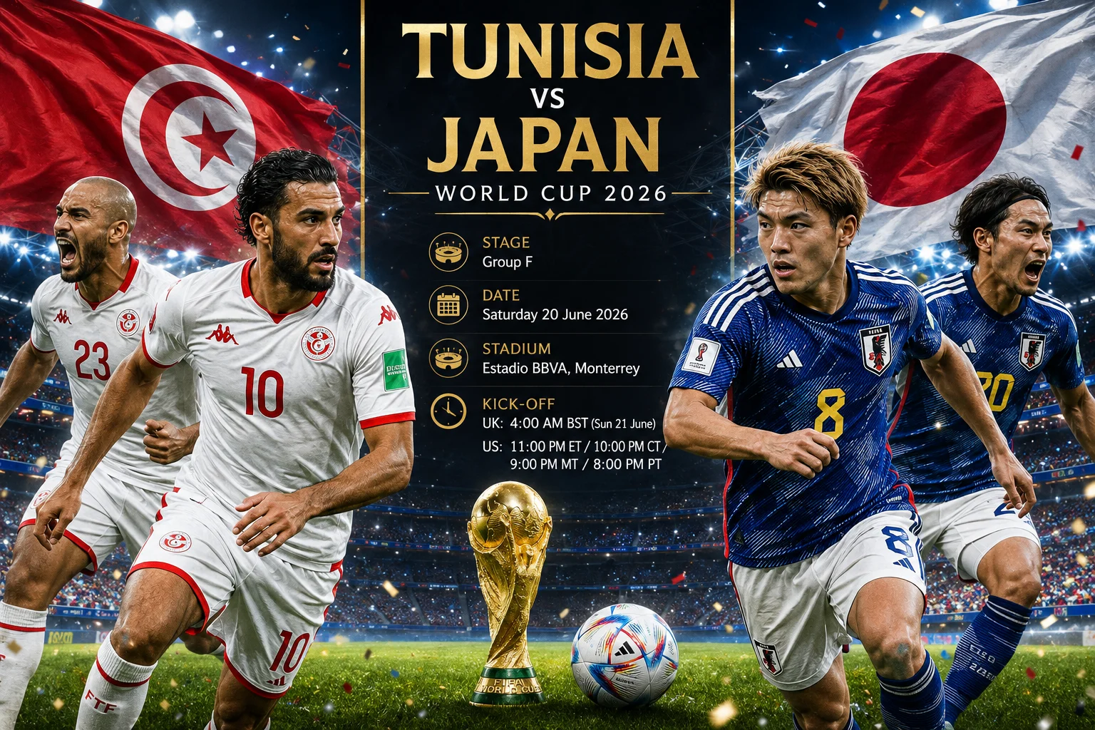 شاشة عرض ترويجية لمباراة كأس العالم 2026 لمرحلة المجموعات بين "تونس ضد اليابان." الجانب الأيسر يظهر لاعبًا تونسيًا في ملابس حمراء ضد خلفية حمراء محبوبة تحمل شعار الاتحاد التونسي لكرة القدم. الجانب الأيمن يظهر لاعبًا يابانيًا يرتدي ملابس زرقاء ضد خلفية زرقاء داكنة تحمل شعار ساموراي اليابان. كأس العالم الذهبية موجودة في المنتصف فوق نص مكان المباراة: "19 يونيو | مدينة كانساس، ميزوري."