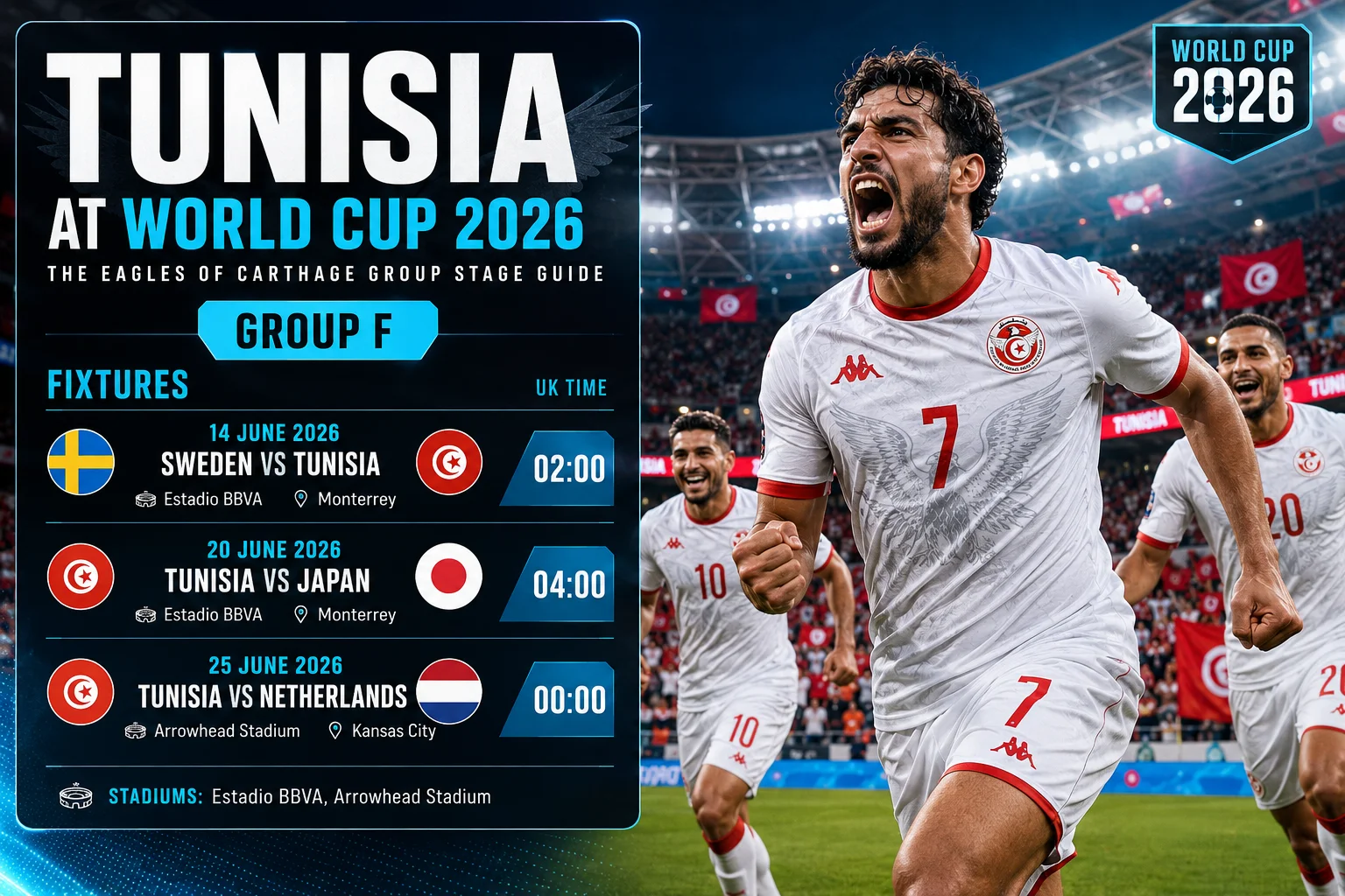 رسوم بيانية ترويجية تحتفل بتونس لكأس العالم FIFA 2026، وقراءة "تونس نسور قرطاج جاهزون للطيران" مع عبارة "فخر البحر الأبيض المتوسط." ثمانية لاعبين في قمصان بيضاء مع تفاصيل حمراء يسيرون من بلدة على الساحل الأبيض المتوسط نحو ملعب حديث ضخم. تظهر الأسماء على القمصان: كاشريد (2)، طالب (4)، لعيدوني (14)، مسكيني (7)، عشوري (11)، سخيرى (17)، عبدي (3)، وسعيد (16). يحمل المشجعون الأعلام التونسية. يمتد الجدول الزمني من 1978 ("أول انتصار في كأس العالم") إلى 2026 ("حلم خروج كأس العالم FIFA").
