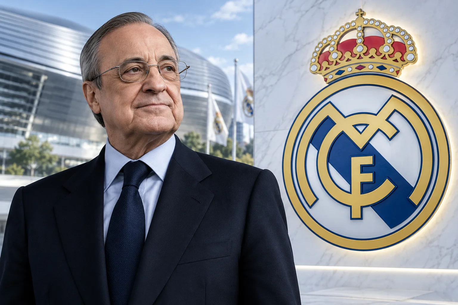 رئيس ريال مدريد فلورنتينو بيريز في بدلة على اليسار، بجانب شعار ريال مدريد المثبت على جدار خارج ملعب سانتياغو برنابيو على اليمين.
