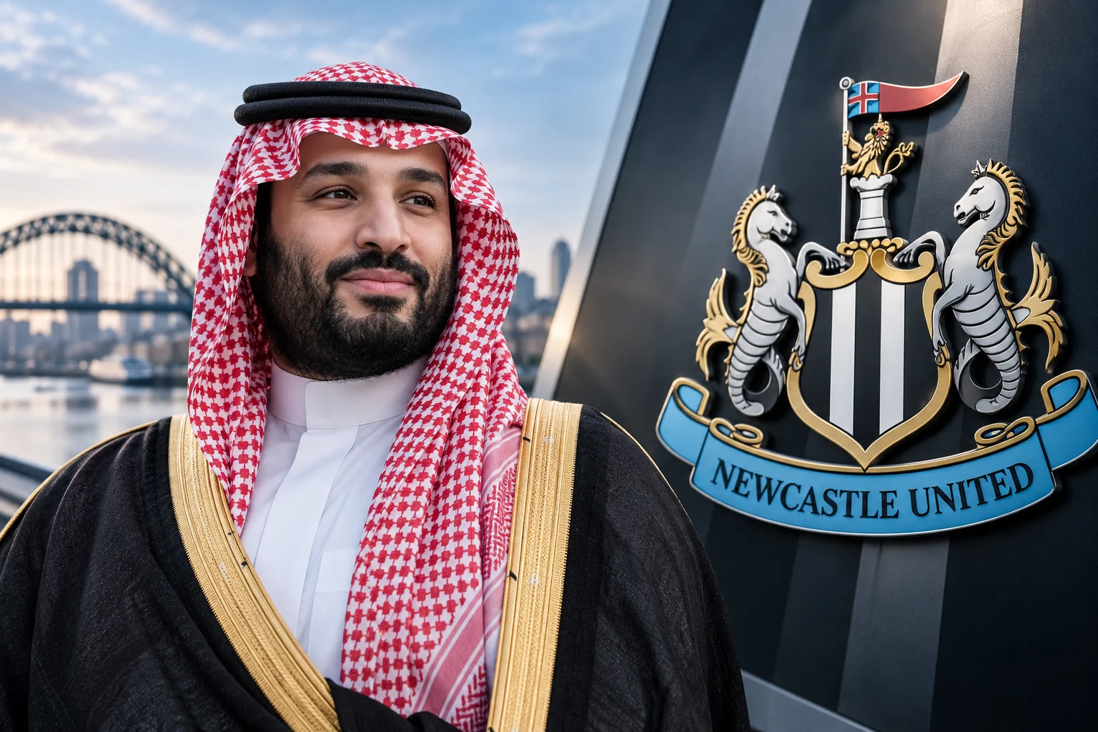 ولي العهد محمد بن سلمان في زي سعودي تقليدي على اليسار، بجانب شعار نيوكاسل يونايتد مع خلفية جسر تاين على اليمين.