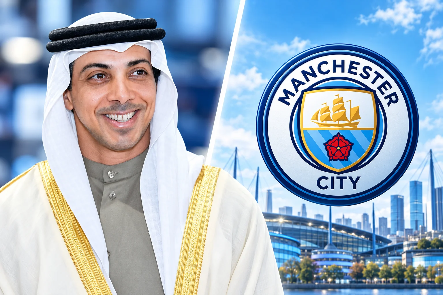 الشيخ منصور بن زايد آل نهيان في ملابس إماراتية تقليدية على اليسار، بجانب شعار مانشستر سيتي مع خلفية ملعب الاتحاد على اليمين.