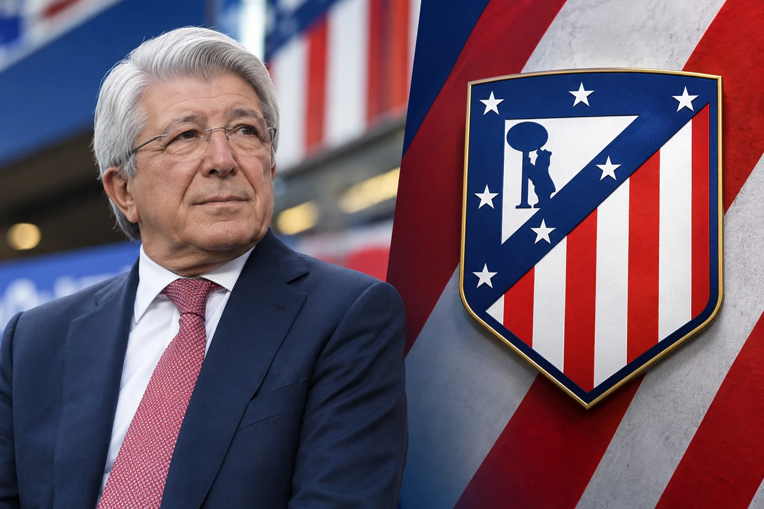 رئيس أتلتيكو مدريد إنريكي سيريزو على اليسار، بجوار درع أتلتيكو مدريد وخلفية مقلمة على اليمين.