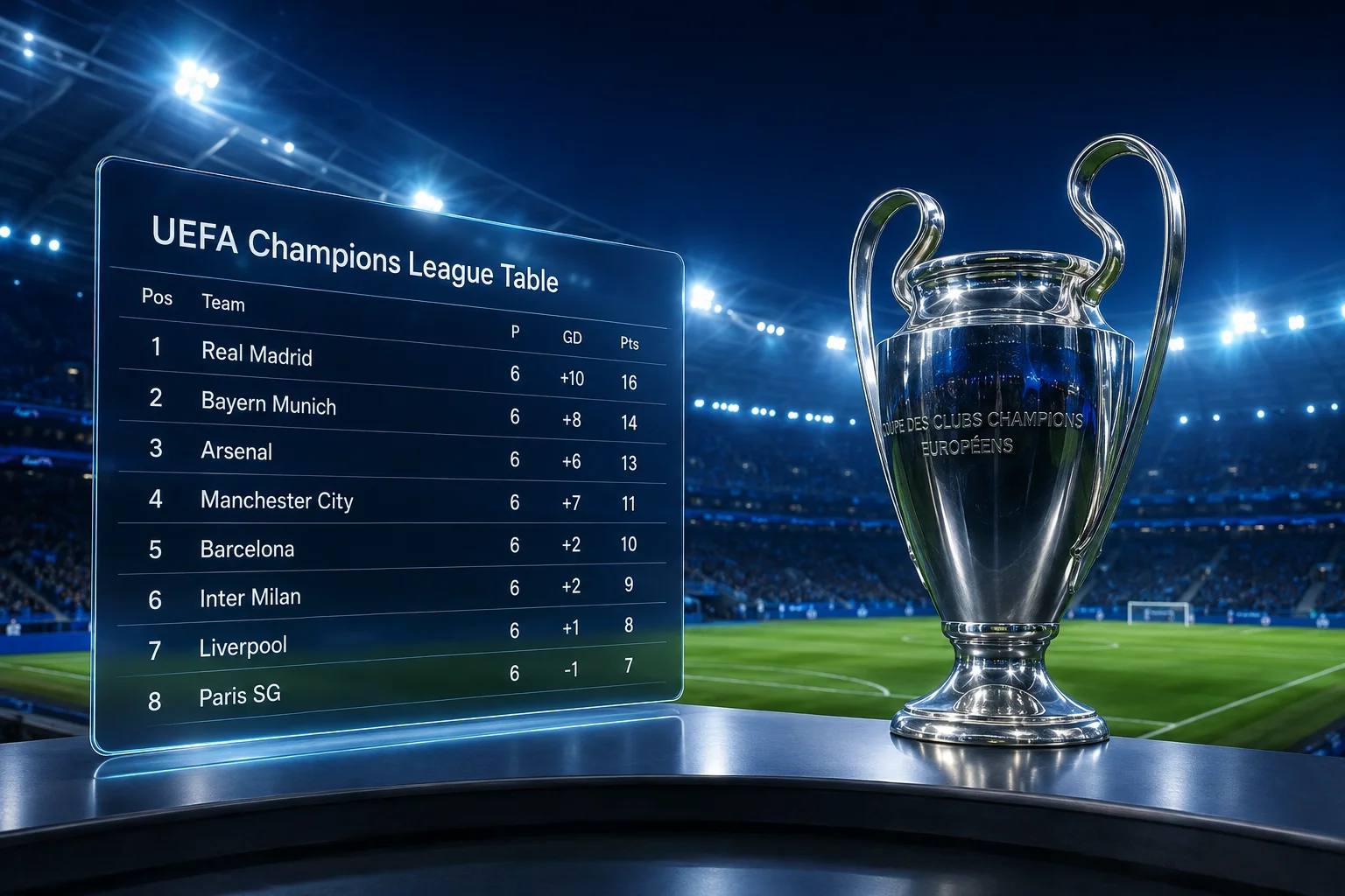 A futuristic digital display showing a mock UEFA Champions League single-table standings next to the iconic silver trophy in an illuminated stadium setting.