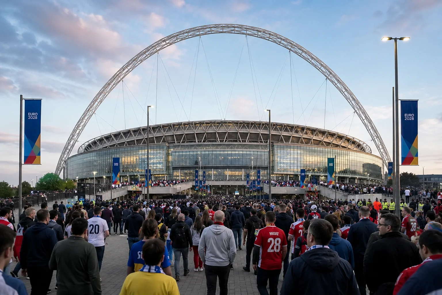 حشود من مشجعي كرة القدم يسيرون نحو استاد ويمبلي تحت قوسه الشهير المزخرف بعلامات يويفا يورو 2028.