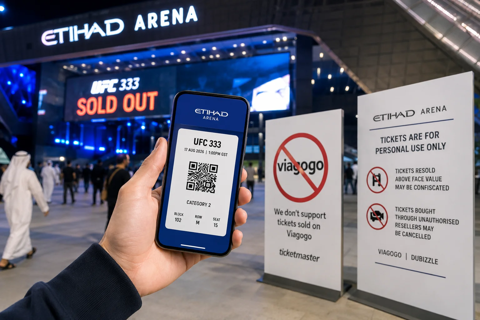 يد تحمل هاتفًا ذكيًا تعرض تذكرة رقمية مباعة بالكامل لـ UFC 333 خارج أرينا الاتحاد في الليل، موضوعة بجوار لافتة الساحة التي تحذر من إعادة البيع غير المصرح بها للتذاكر على المنصات الثانوية مثل Viagogo وDubizzle.