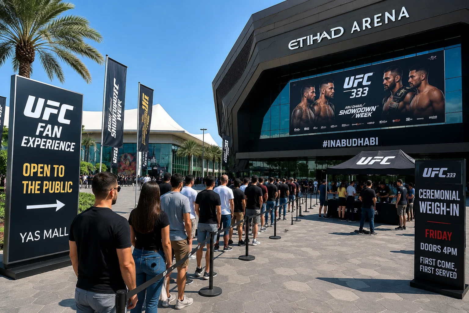 طابور طويل من المعجبين ينضمون أمام أرينا الاتحاد خلال النهار تحت الشمس الساطعة من أجل وزن UFC 333 الرسمي، تقف إلى جانب لافتات الحدث الكبيرة، لافتة توجيه "تجربة المعجبين بالـ UFC مفتوحة للجمهور"، وشاشة ترويجية كبيرة تعرض مقاتلي الحدث.