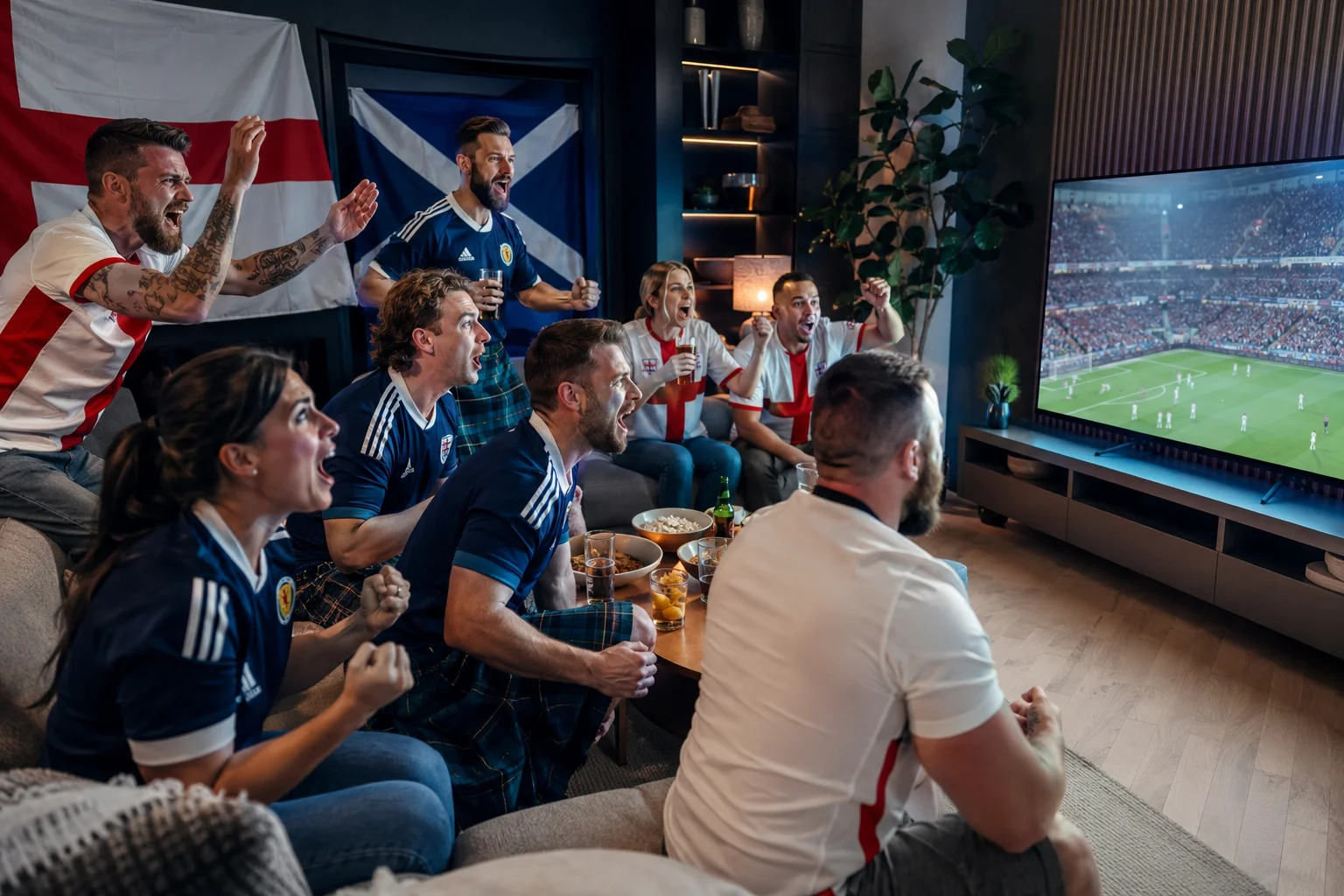المشجعون الإنجليز والاسكتلنديون يشاهدون كأس العالم 2026 معًا في المنزل