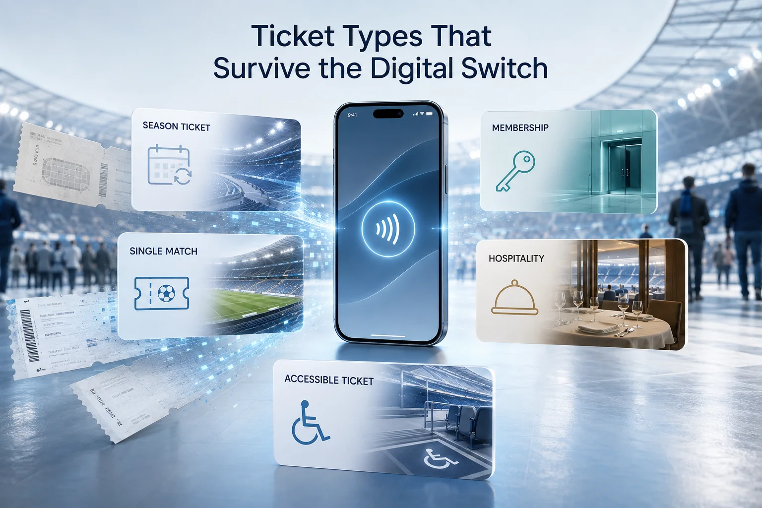 دليل بصري يعرض خيارات التذاكر الرقمية بما في ذلك تذكرة موسمية، عضوية، مباراة واحدة، ضيافة، وتذكرة قابلة للوصول متكاملة على هاتف محمول.