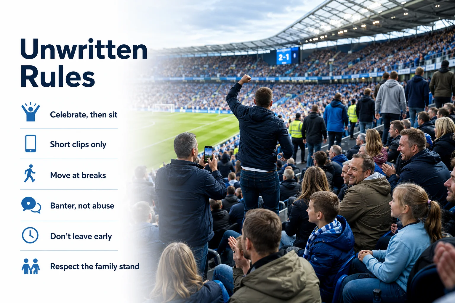 An infographic titled "The Unwritten Rules of the Terrace" outlines the social etiquette expected of die-hard football fans in the active support sections. The graphic lists four primary cultural guidelines. First, "Sing Your Heart Out" emphasizes that if you choose to stand in the singing section, active participation is a requirement, not an option. Second, "The Shirt Matters" notes that wearing neutral colors or rival gear in a home end is a major social taboo. Third, "Don't Leave Early" discourages fans from beating the traffic, stating that true supporters stay until the final whistle regardless of the scoreline. Fourth, "Respect the Regulars" advises newer fans to be mindful of long-term season ticket holders who have occupied the same terrace spots for decades.