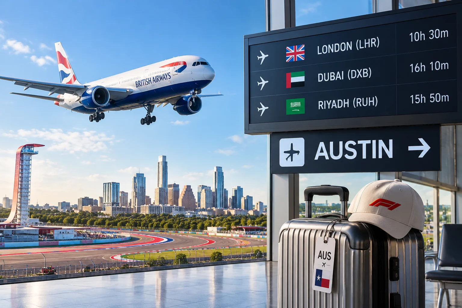 Airport arrival board showing flights to Austin with a British Airways airplane landing, accompanied by a suitcase carrying an AUS tag and Formula 1 cap.