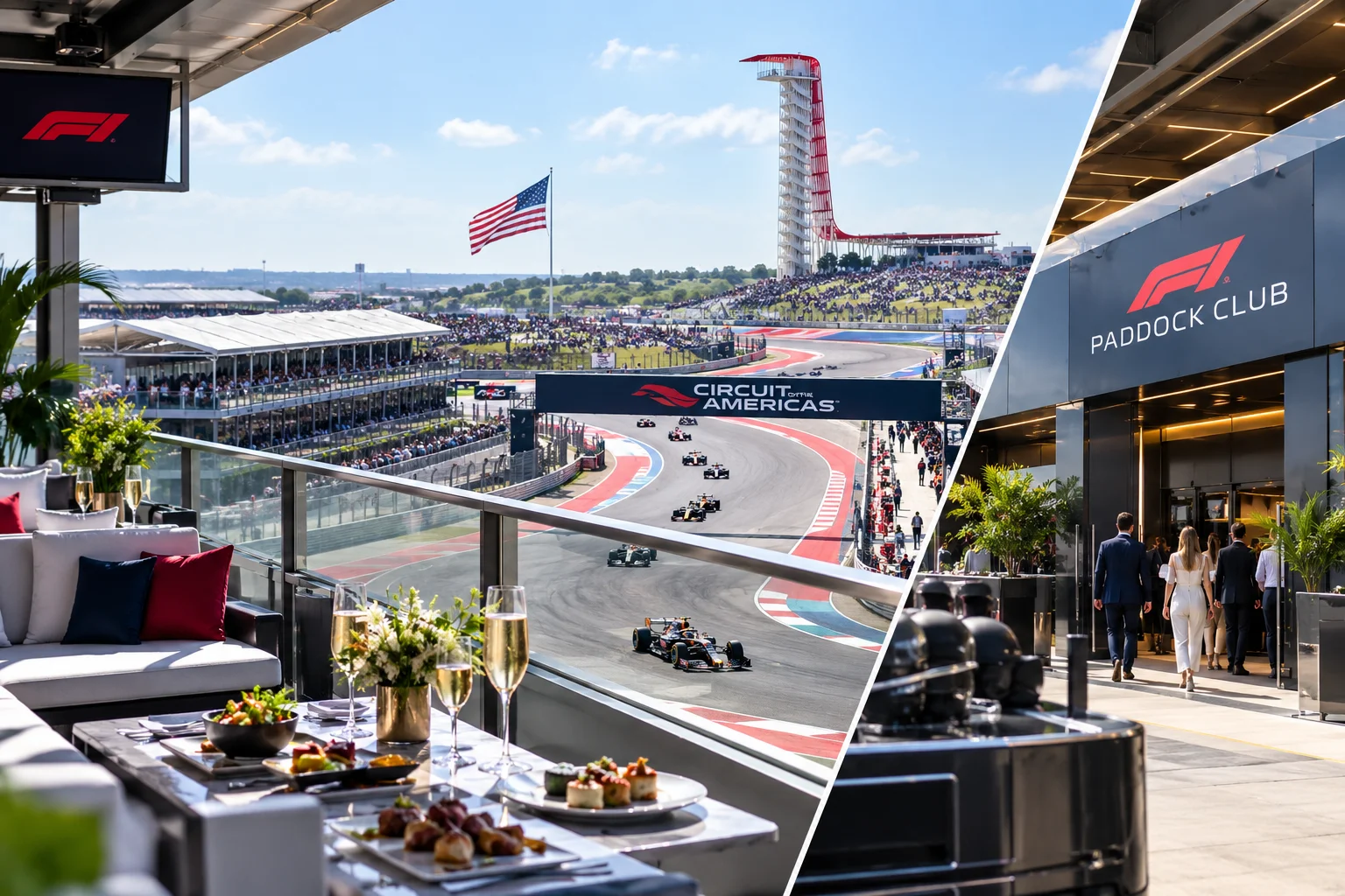 Split view featuring luxury hospitality dining overlooking the COTA track on the left and the entrance to the F1 Paddock Club on the right.