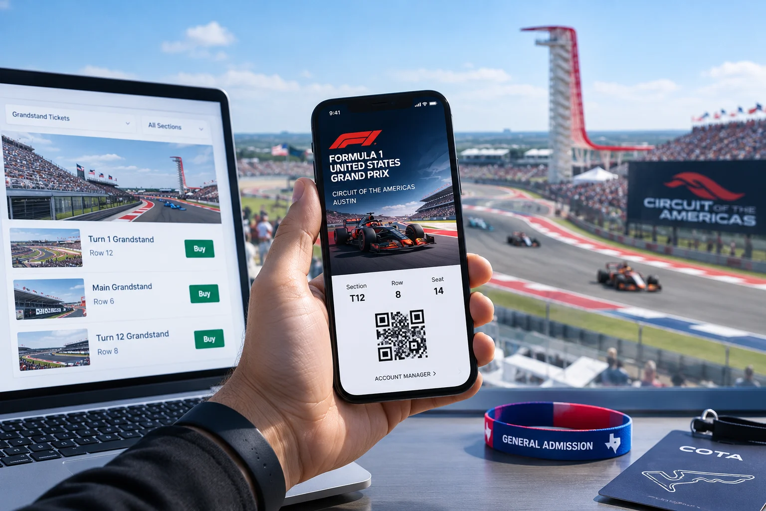 Person holding a smartphone displaying an official Formula 1 United States Grand Prix digital ticket with a QR code, overlooking the COTA race track.