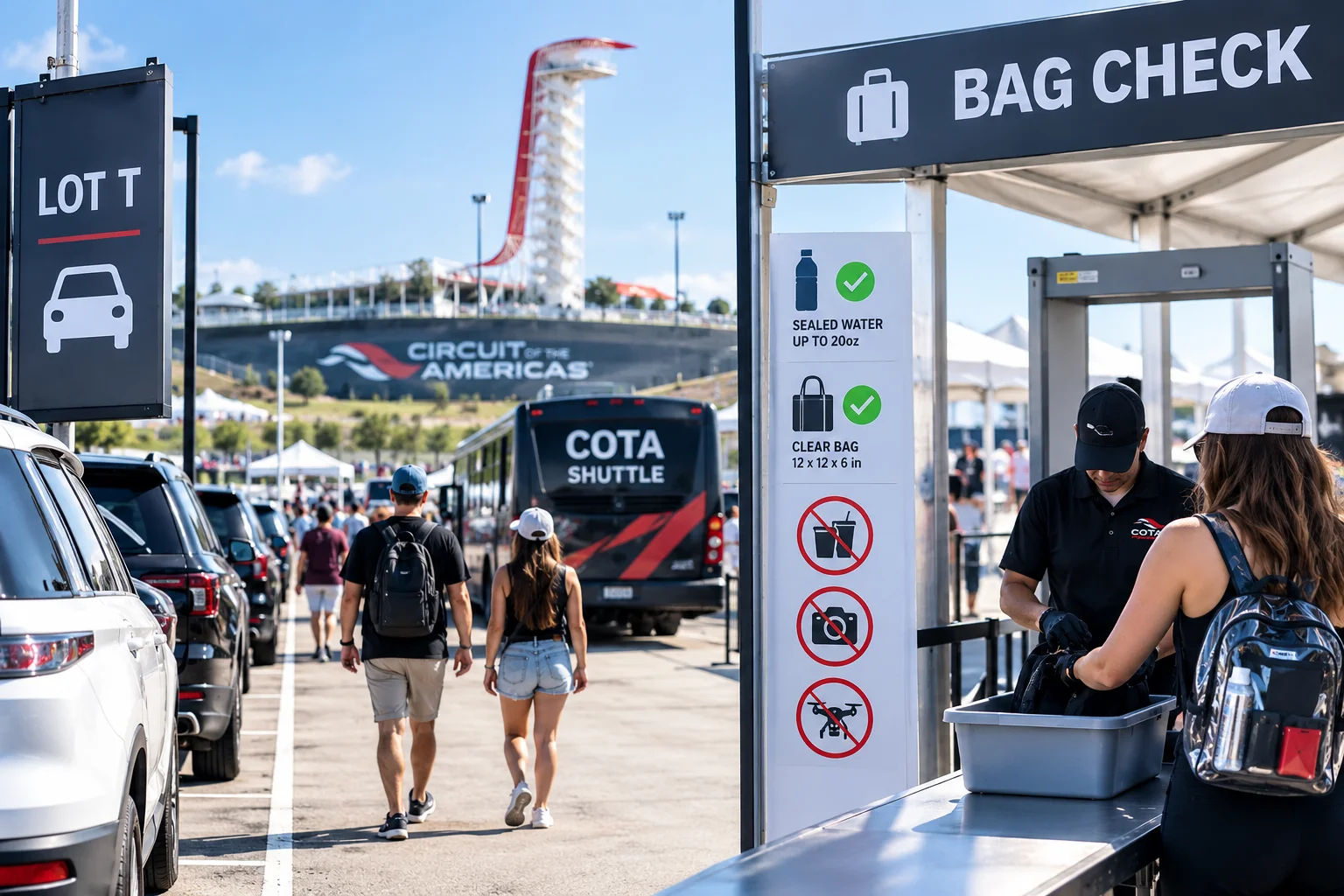 COTA entry gate showing Lot T parking signage, a COTA shuttle bus, and a security bag check sign with clear bag and sealed water guidelines.