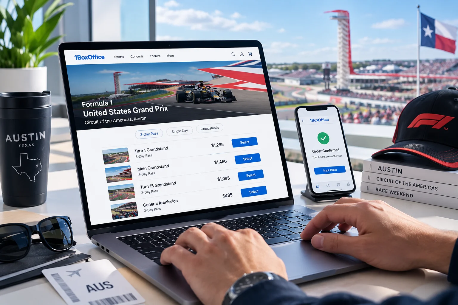 Laptop screen displaying 1BoxOffice United States Grand Prix ticket options alongside a smartphone showing an order confirmation screen, set against a Circuit of the Americas background.