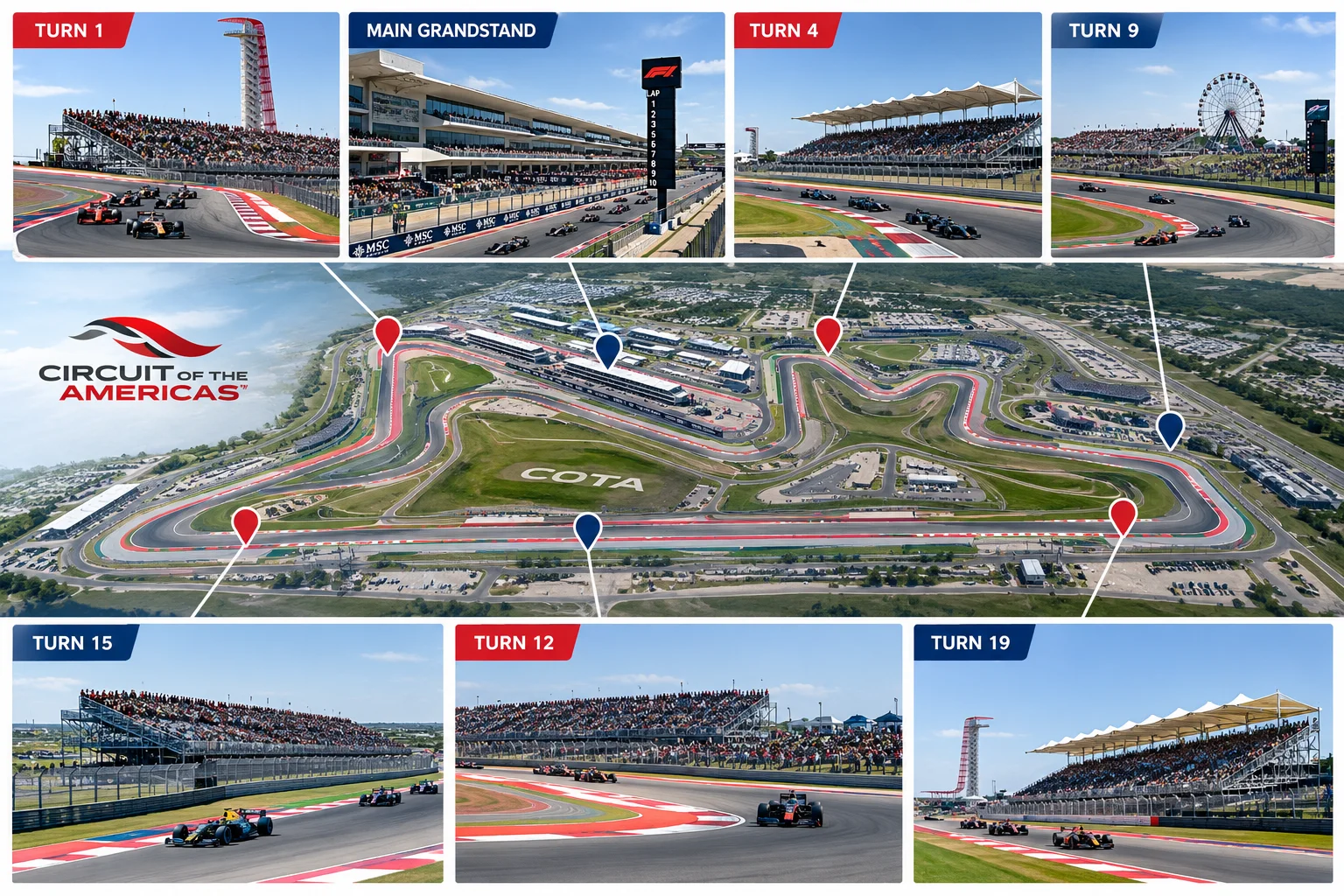 Aerial map of Circuit of the Americas track layout featuring callouts for key turns and grandstand locations including Turn 1, Turn 12, Turn 15, and Main Grandstand.