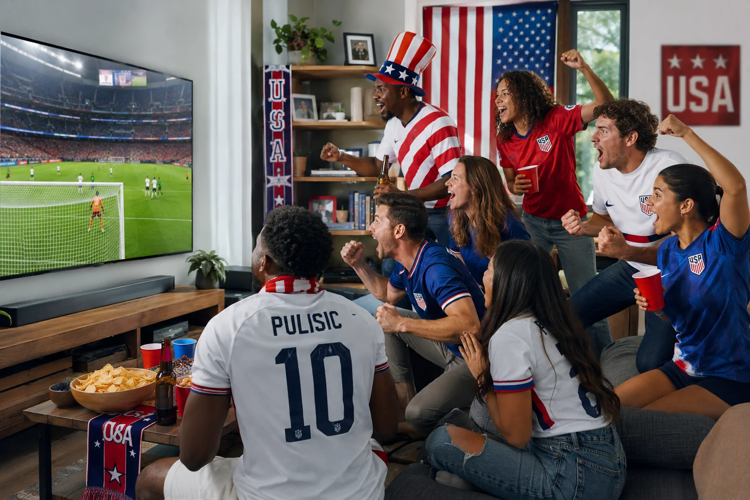 مشجعو الولايات المتحدة يشجعون خلال مباراة كأس العالم 2026 على التلفزيون في حفل مشاهدة منزلي.
