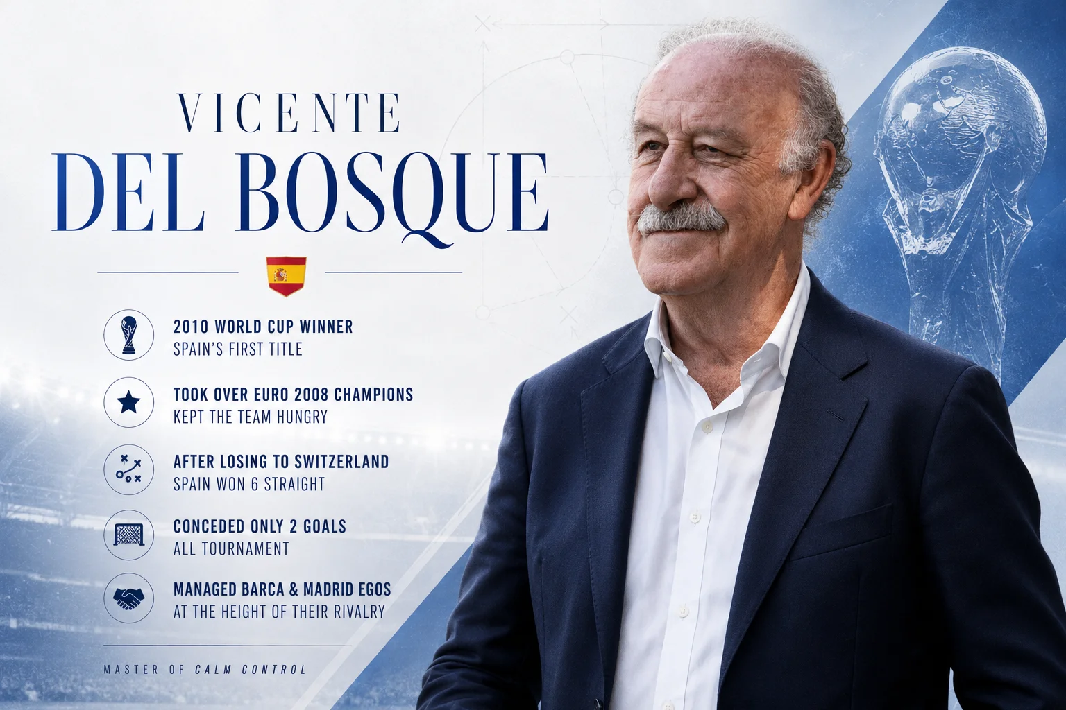 A modern legacy infographic honors manager Vicente del Bosque. The right half shows a portrait of a mustachioed Del Bosque smiling gently, dressed in a dark navy blue suit blazer and a white open-collared dress shirt. The white panel on the left marks him as the 2010 World Cup winner, securing Spain's first-ever title. It notes he took over the Euro 2008 champions and kept the team hungry, winning 6 straight matches after an initial loss to Switzerland, conceding only 2 goals all tournament, and masterfully managing Barcelona and Real Madrid egos at the height of their rivalry.