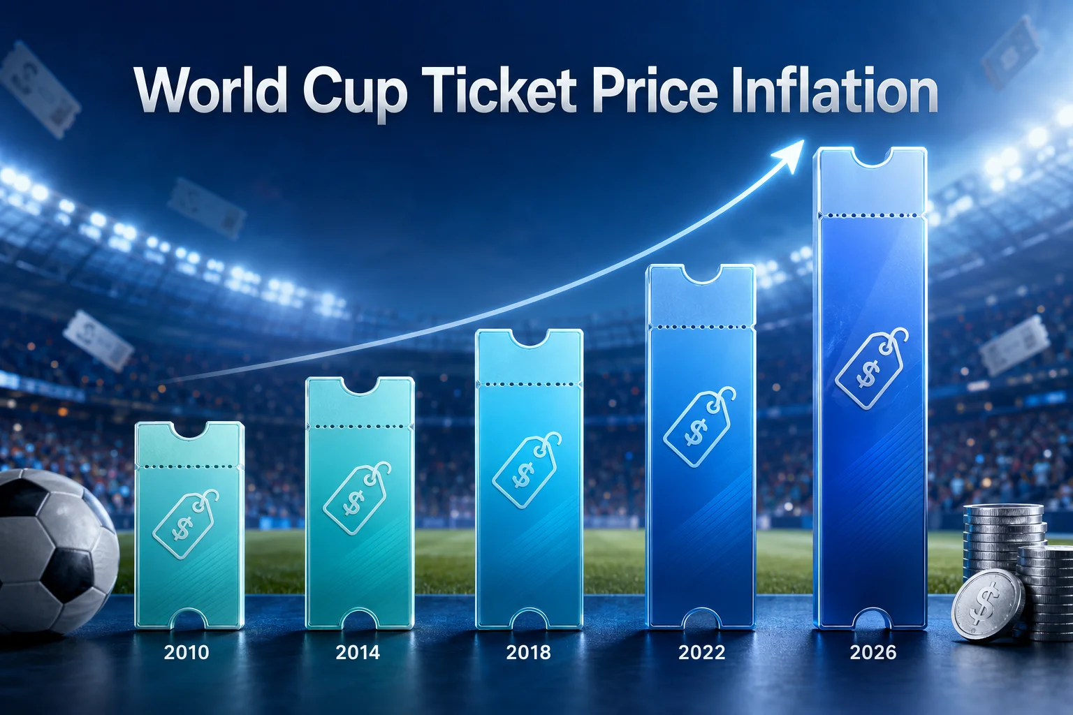 رسم بياني مفاهيمي بعنوان "انكماش أسعار تذاكر كأس العالم" يظهر ارتفاع التكاليف من 2010 إلى 2026. تحتوي الرسم البياني على خمسة أعمدة ضوئية زرقاء الشكل تشبه التذاكر، كل منها محفور عليه رمز علامة الدولار. سهم أبيض صاعد ينحني بشكل متصاعد عبر قمم الأعمدة من اليسار إلى اليمين، موضحًا النمو الأسي. يتم وضع تسميات الأعمدة بالتسلسل على المحور السفلي حسب سنة البطولة: 2010، 2014، 2018، 2022، و2026، مع كون عمود 2026 أعلى بكثير من البقية. كرة قدم على العشب على اليسار، وكومة من العملات الفضية على اليمين مع خلفية ملعب مشوشة.