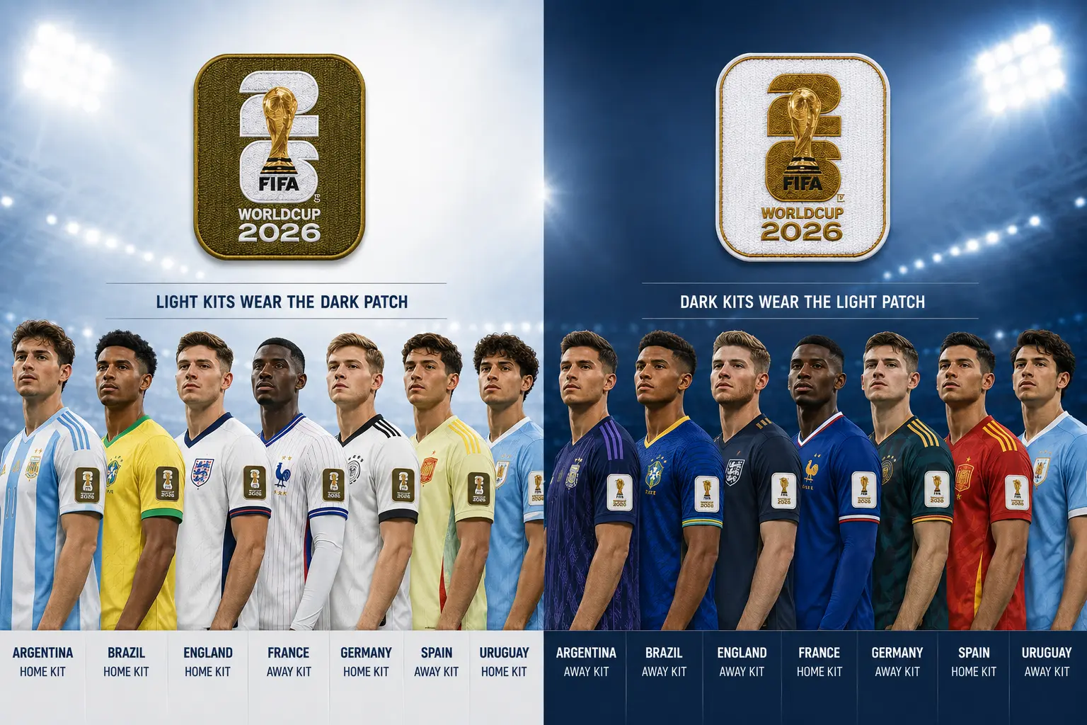 رسوم توضيحية ترويجية توضح قواعد شارة الكم الذهبية لكأس العالم 2026 لفائزين البطولة السابقين. يظهر الجانب الأيسر لاعبين من الأرجنتين والبرازيل وإنجلترا وفرنسا وألمانيا وإسبانيا وأوروجواي يرتدون قمصان بألوان فاتحة، تحت شارة ذهبية داكنة مستديرة ومربعة وعنوان يقول "القمصان الفاتحة ترتدي الشارة الداكنة." يظهر الجانب الأيمن نفس اللاعبين يرتدون قمصان داكنة، تحت شارة مستديرة ومربعة بلون ذهبي فاتح وعنوان يقول "القمصان الداكنة ترتدي الشارة الفاتحة." تحتوي كلا الشارتين على شعار كأس العالم 2026 الرسمي والنص "كأس العالم 2026."