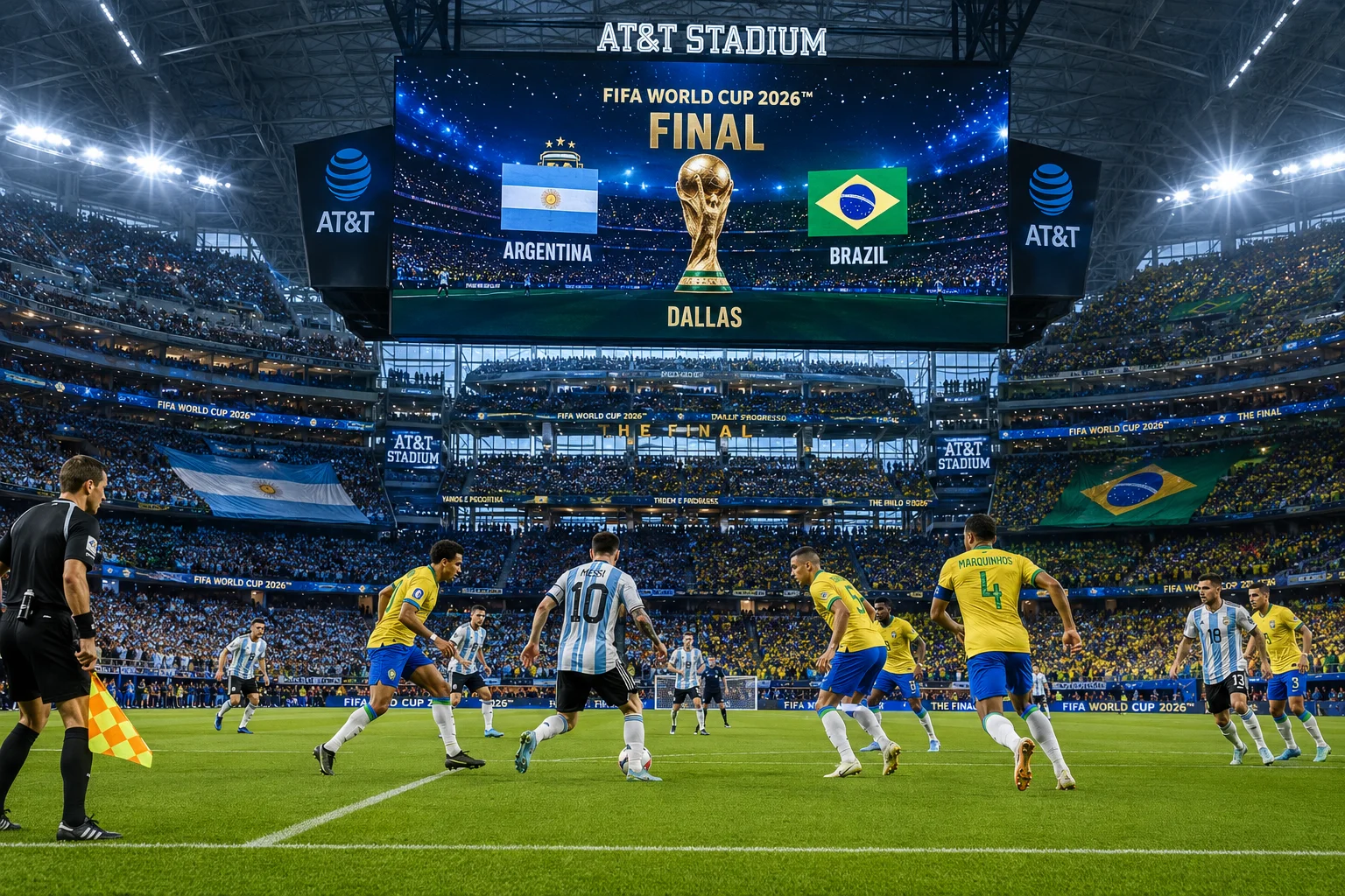 لقطة عريضة من الملعب لمباراة خيالية في كأس العالم 2026 بين الأرجنتين والبرازيل داخل ملعب AT&T. تعرض شاشة عملاقة ومعلقة بتقنية عالية الدقة عبارة 