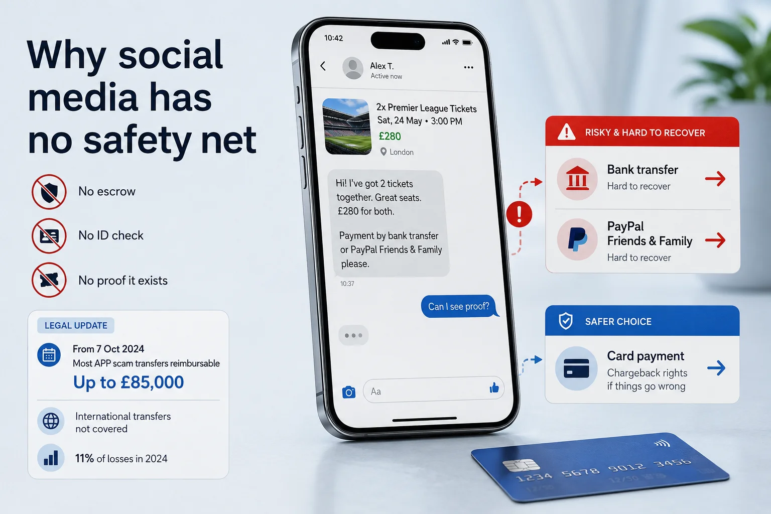 An advisory infographic titled "Why Social Media is Not Safe for Buying Tickets" shows a dark, symbolic illustration of a hand reaching out from a digital smartphone screen to grab a floating ticket, with a padlocked chain wrapped around it. The text layout details the primary risks of buying event entries on social networks. It explains that social media platforms lack any form of built-in buyer protection or verification systems, making it incredibly easy for fraudsters to disappear once money changes hands. It strongly emphasizes that fans should always stick to official, authorized ticketing sites and regulated resale platforms to guarantee entry and secure their funds.