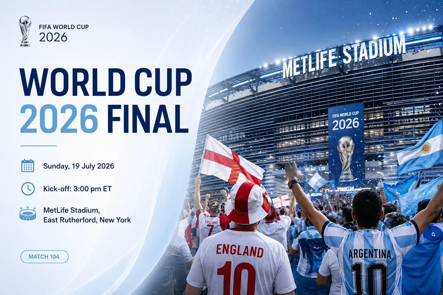 ملخص إنفوغرافيك بعنوان "تفاصيل تذاكر نهائي كأس العالم & دليل البوابات" ينظم اللوجستيات الأساسية ليوم المباراة في هيكل يمكن قراءته. في الجانب الأيسر، تخطيط شبكة تفصيلية يوضح المعلومات الأساسية بما في ذلك توقيت المباراة، ساعات فتح البوابة، المواد الممنوعة، ومتطلبات الهوية الرقمية الإلزامية. في الجانب الأيمن، خريطة تخطيط ثلاثية الأبعاد عالية التقنية للملعب تسلط الضوء على مناطق المقاعد الملونة، وأرقام البوابات المحددة، ومواقع نقاط التفتيش الأمنية، ومناطق إنزال وسائل النقل العامة. تبرز كأس كبيرة مضيئة بالذهب في خلفية خريطة الملعب.
