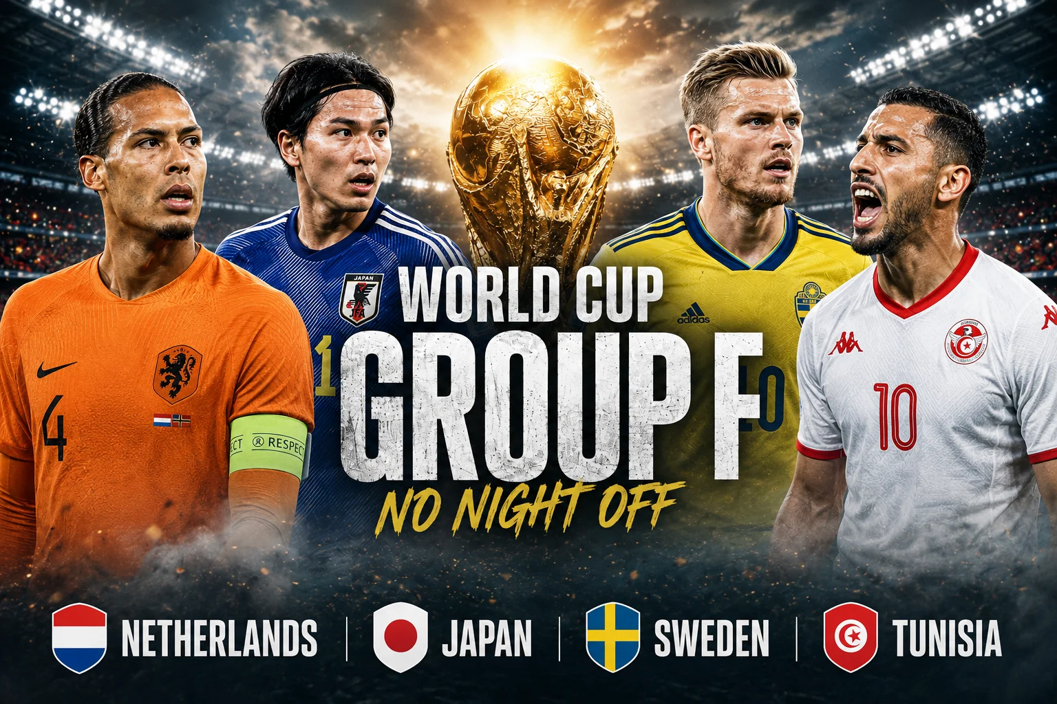 رسم بياني ترويجي لكأس العالم FIFA بعنوان "مجموعة كأس العالم F" مع العنوان الفرعي "لا ليلة للراحة." في الوسط يوجد كأس العالم الذهبي، محاط بأربعة لاعبي كرة القدم الدوليين البارزين الذين يبدو عليهم التركيز. من اليسار إلى اليمين: فيرجيل فان ديك في قميص هولندا البرتقالي الزاهي، تاكومي مينامينو في زي اليابان الأزرق، إميل فوسبرغ في قميص السويد الأصفر، ويوسف مساكيني في قميص تونس الأبيض. يُظهر الجزء السفلي من الرسم البياني أسماء الدول الرسمية والأيقونات المطابقة لأعلامها بالترتيب: هولندا، اليابان، السويد، وتونس.