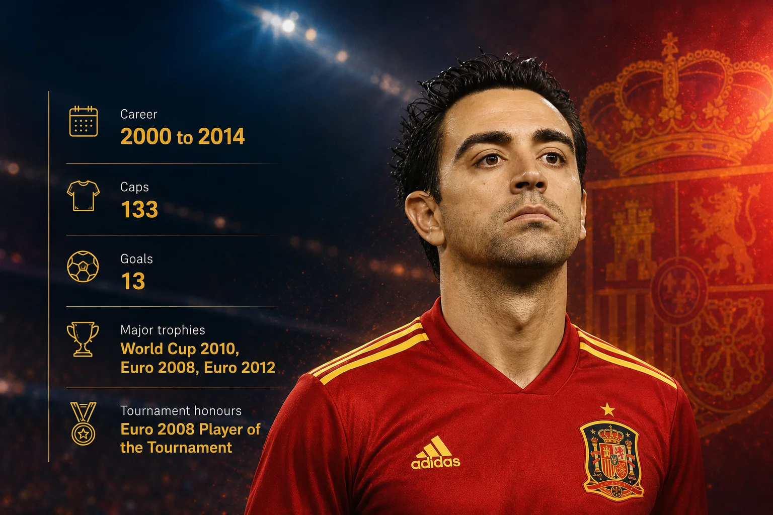 A sports legacy card titled "Xavi" features the legendary Spanish midfield orchestrator in a classic red national team jersey looking up across the pitch. The graphic features a deep red and navy blue textured backdrop framed with sharp gold accents and an official circular emblem in the top right. Positioned below his name are three historic international career statistics: "133 Caps" marking his immense appearance record, "13 Goals" scored from midfield, and "1x World Cup / 2x Euro" honoring his central role in Spain's era of global dominance.